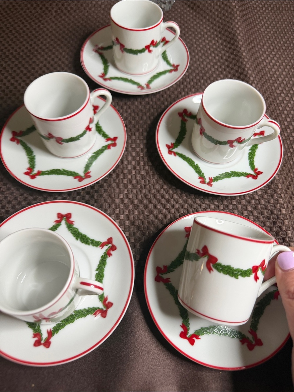 Vintage Neiman Marcus Espresso Cup & Saucer Set with Red Trim and Green Garland